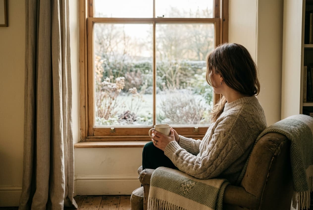 A woman sitting by a window in soft morning light, quietly reflective, representing the readiness to make sense of what has happened.